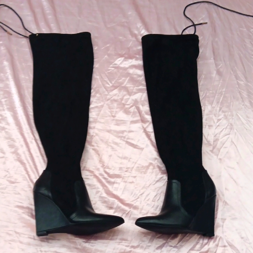 Black Suede Wedge Thigh-High Boots - 7